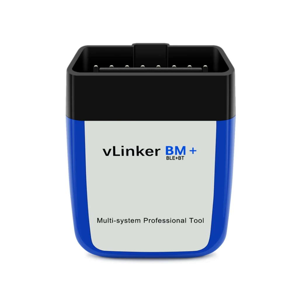 Niebieski interfejs Vgate vLinker BM+ BT 4.0 z etykietą BLE+BT i wtykiem OBD2