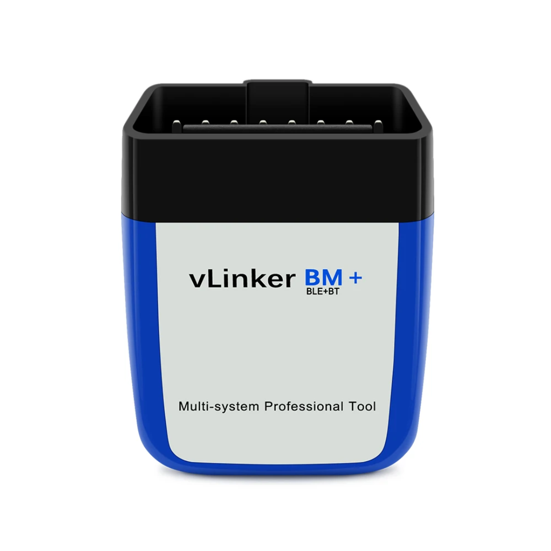 Niebieski interfejs Vgate vLinker BM+ BT 4.0 z etykietą BLE+BT i wtykiem OBD2