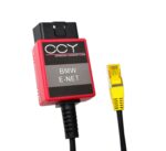 Interfejs OBD2 BMW Enet CCY – czerwono-czarna obudowa z wtykiem OBD2 i kablem z żółtym wtykiem RJ-45