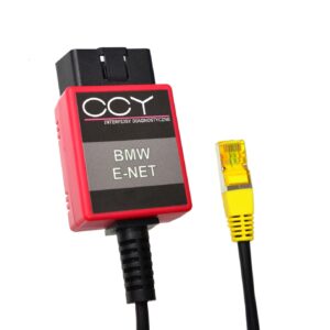 Interfejs OBD2 BMW Enet CCY – czerwono-czarna obudowa z wtykiem OBD2 i kablem z żółtym wtykiem RJ-45