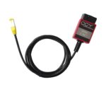 Interfejs OBD2 BMW Enet CCY – cały interfejs z kablem: czerwona obudowa OBD2 i żółty wtyk RJ-45