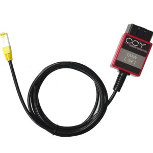 Interfejs OBD2 BMW Enet CCY – cały interfejs z kablem: czerwona obudowa OBD2 i żółty wtyk RJ-45